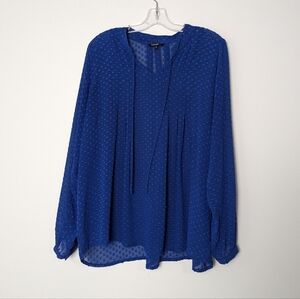 George Royal Blue Polka Dot Blouse with Tie Neck Size XL Sheer Textured Sz XL
